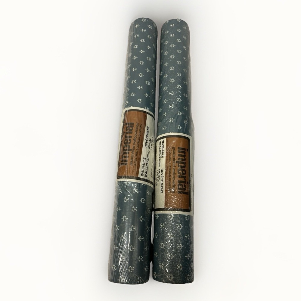 2 Rolls Of Vintage Imperial Washable Vinyl Wallcovering Blue & White Floral